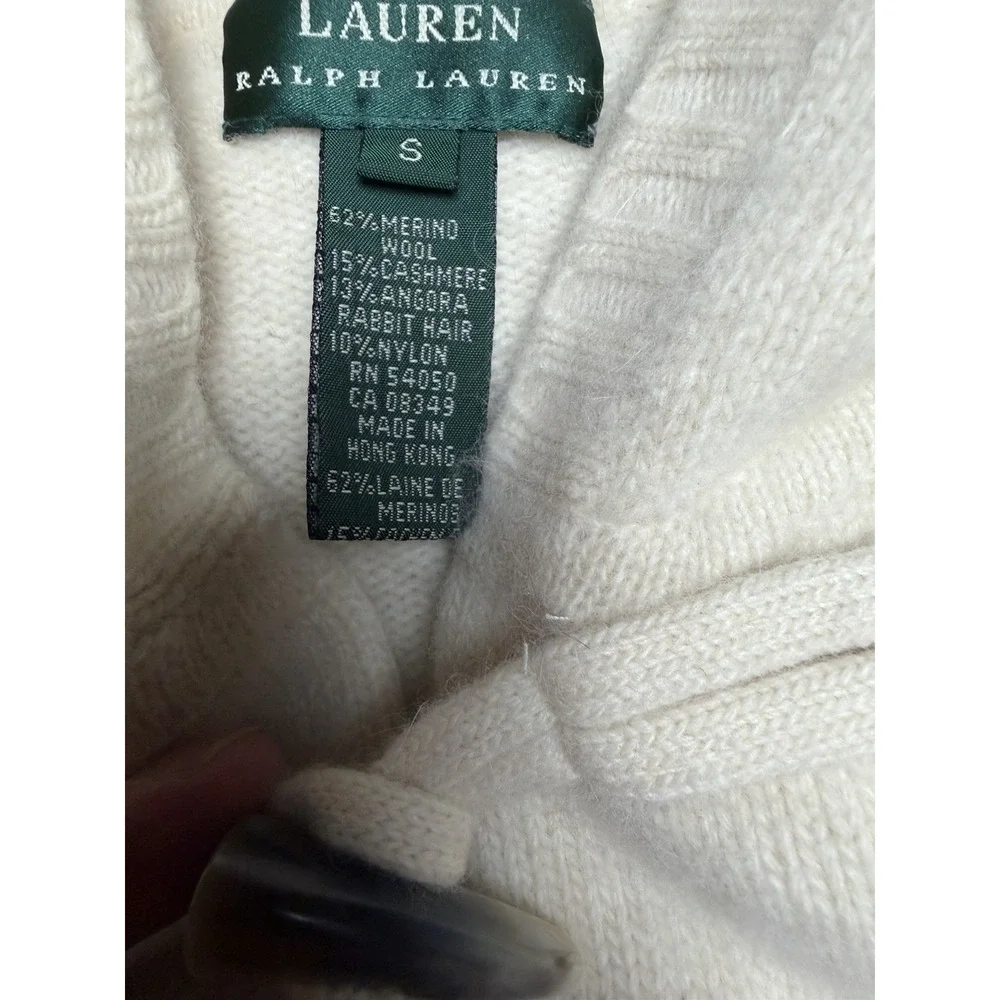 Ralph Lauren Cream Merino Wool Angora Cashmere Cable Knit Toggle Cardigan Small